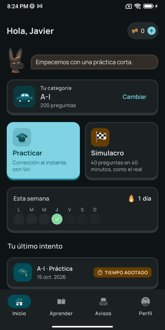 Inicio de Rumbo: tu categoría, Practicar, Simulacro y tu semana